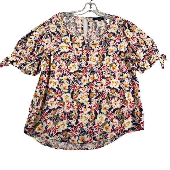 Rachel Zoe Blouse Womens L Multicolor Floral Print Puff Short Sleeve Scoop Neck - Picture 1 of 9